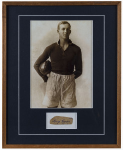 EDWARD "CARJI" GREEVES (Geelong): original pen signature (on piece) mouned below a portrait photograph of the first Brownlow medallist, 1924. Greeves is the namesake of the Carji Greeves Medal, the Geelong Football Club's best and fairest award. Framed & glazed; overall 37 x 29.5cm.