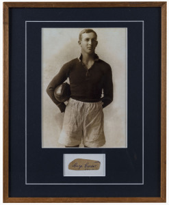 EDWARD "CARJI" GREEVES (Geelong): original pen signature (on piece) mouned below a portrait photograph of the first Brownlow medallist, 1924. Greeves is the namesake of the Carji Greeves Medal, the Geelong Football Club's best and fairest award. Framed & 