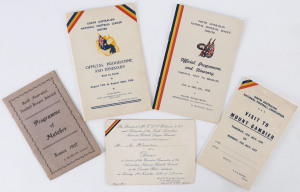 South Australian "Programme of Matches Season 1927" 8-page card with details of the A Grade & B Grade matches with manuscript details of the Central Umpire who officiated in all the A Grade matches; also, invitation to dinner in Adelaide, Nov.1939, of the Australian National Football Council; Aug.1946 Programme & Itinerary for S.A.N.F.L. visit to Perth; July 1947 Visit to Mount Gambier (S.A.N.F.A. v Mt. Gambier & District); July 1950 Official Programme.