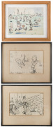 Original cartoon artworks by Edgar Alan (2 items) and Jerry M. (1 item); all dated 1937 and in small frames; the images focus on the apparent "violence" on the field. Two are b&w; one is pen and watercolours. Each approx. 12 x 18cm. (3).