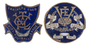 VFL ERA MEDALLIONS & BADGES: An interesting group, 1930s-60s, comprising "Football League 2nd 18 Umpires Assoc." (2 different types), "Victorian Football League Trainers Club", "Victorian Football league Patriotic Match", "VFL Trainers & Staff Association" and a big V "Victorian Football League" badge. All in metal with coloured enamel finishes. (6).