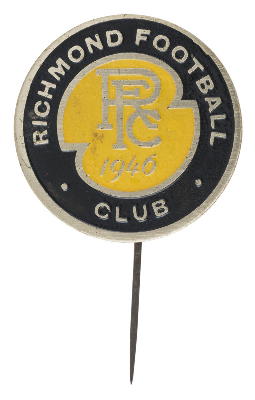 A 1946 Richmond Football Club stick-pin with the RFC logo against a yellow and black background. [Possibly an "end-of-season" trip badge?].