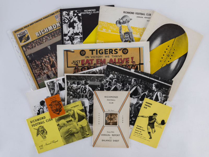 RICHMOND: A range of club publications including the 1949 Annual Report, a1968 Membership card, a 1969 invitation to become a member, 1971, 1974, 1976 and 1981 Annual Reports, several press photos and various other items. (16 items)