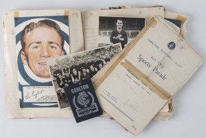 CARLTON: 1952, 1953 & 1954 "Kia-Ora Sports Parade" programmes, each signed in pencil by a number of Carlton footballers including Perc Bentley, Bruce Comben, Max Thomas, John Spencer, Ern Henfrey, Richie Green, George Ferry, Jack Mills, Tony Walsh, Jack Spencer, Gerald Burke, Ken McKaige, Doug Guy, Bernie Moran, etc. (condition Poor to Good). Also, a 1953 Carlton scrapbook (lacking cover) with Argus 1953 "Football Portrait" cards (6, with tape stains to corners), newspaper cuttings.