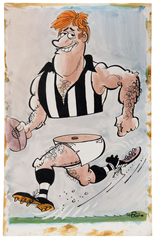 COLLINGWOOD: Original artwork by WEG of a "gutless" Collingwood player; endorsed "HALF BACK" on reverse, circa 1970. 35 x 22cm.