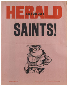 ST. KILDA PRELIMINARY FINAL: 18 September 1971 original WEG poster for St. Kilda's preliminary final win over Richmond. The pink paper stock indicating that the news covered by the poster was "late breaking". Extremely scarce; in fact, the first example we have offered. Very good condition. Having lost the semi-final to Hawthorn the previous week, St.Kilda had to face Richmond in the preliminary final. In front of a crowd of over 102,000 they won the match by 30 points, only to be defeated