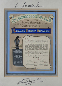 LEN THOMSON'S "LONG SERVICE CERTIFICATE" from the Collingwood Football Club; an illumonated manuscript expressing "appreciation of your services during the past five years...", signed by the office-bearers of the club and on the surrounding mount by Des Tuddenham and Len Thompson.Len Thompson played 268 games for Collingwood between 1965 and 1978.