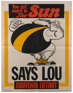 Saturday (morning) September 29, 1973 "The SUN" poster with RICHMOND predicted to be triumphant, "SAYS LOU".  Artwork by Jeff Hook. Scarce. Very good condition.
