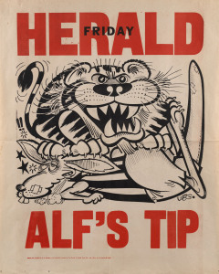 1974 GRAND FINAL EVE POSTER: Undated "ALF'S TIP" original WEG prediction poster (published 27 September 1974) depicting a rampant Richmond Tiger sitting atop a bruised and battered North Melbourne Kangaroo. (Alf Brown was correct in his prediction, with t