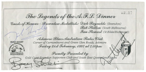 1997 "The Legend of the A.F.L. Dinner ticket signed by the three Brownlow Medallists who were honoured at the dinner: Dick Reynolds, Bob Skilton and Ian Stewart. Accompanied by the 21 Feb.1987 Brisbane Bears v Hawthorn Souvenir program; "Bear Facts" magazine No.3 (Oct.1987); "Bear Facts" 15 July 1989 (1st Night Game) & "Bear Facts" April-May 1990. (5 items).