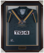 INAUGURAL AUSTRALIAN WOMEN'S INTERNATIONAL RULES TOUR official player's jersey "AUSTRALIA v IRELAND 2006" signed in full by the complete Australian Touring Party who played in two matches in Ireland. Attractively framed & glazed; overall 111 x 90cm.