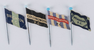 1908 Wills 'Football Flags Shaped with Pin' [4/27] - Brighton F.C., North Melbourne F.C. and Prahran F.C. (all with 'Capstan' on reverse) and Collingwood F.C. (blank reverse). G/VG.