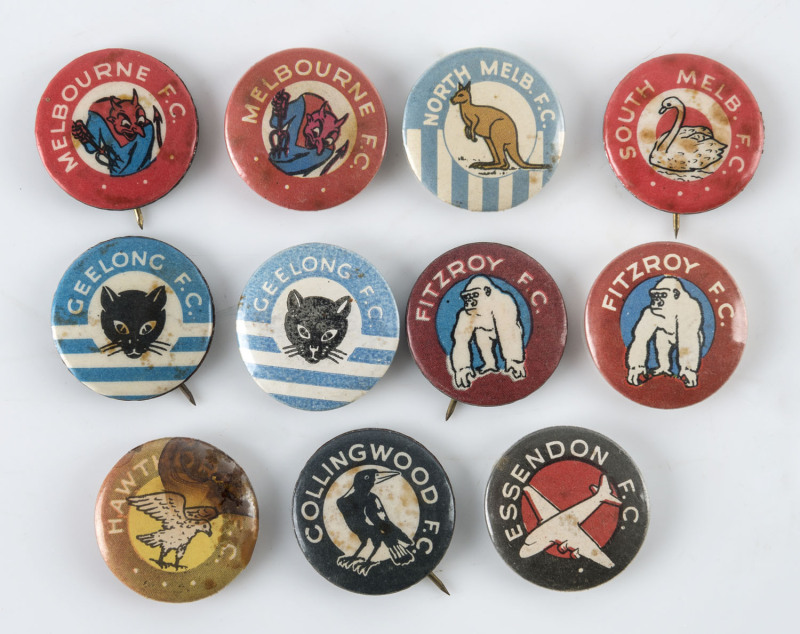 1950-51 Argus badges 'VFL Club Mascots' (11) - compprising of a part set of 8 + 3 duplicates. Mixed condition.