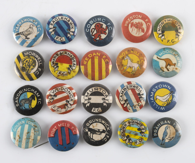 1950-51 Argus badges 'VFA & Country League Club Mascots' including Post Melbourne, Prahran, Williamstown, Brunswick, Eaglehawk & Golden Square. (20 different). Mixed condition.