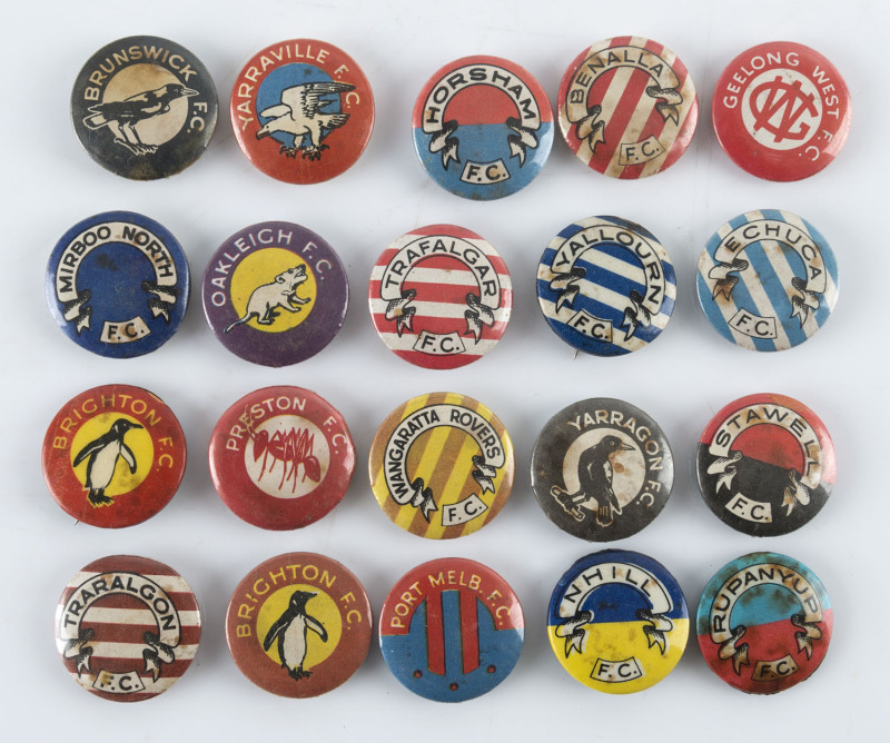 1950-51 Argus badges 'VFA & Country League Club Mascots' including Preston, Yarraville, Geelong West, Oakleigh, Brighton, Benella, Trafalgar, Wangaratta Rovers & Horsham (20 different). Mixed condition.