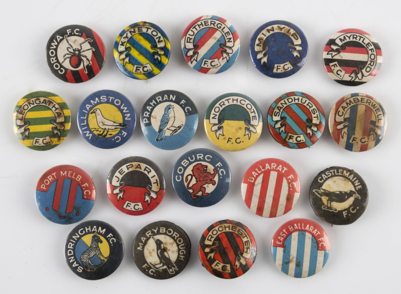 1950-51 Argus badges 'VFA & Country League Club Mascots' including Sandhurst, Myrtleford, Minyip, Jeparit, Kyneton, Castlemaine, Ballarat, East Ballarat, Corowa & Northcote. (20 different). Mixed condition.