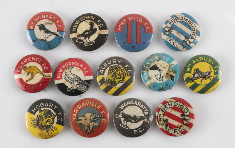 1950-51 Argus badges 'VFA & Country League Club Mascots' including Yarraville, Wangaratta, South Bendigo and Korumburra but also including several Interstate Team Mascots including Hobart, Sandy Bay, Albury, Clarence & New Norfolk. (13 different). Mixed c