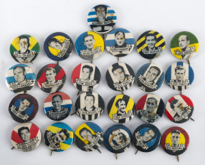 1950-51 Argus Prominent Footballers badges, including John Coleman, Fred Flanagan (2 types), Adrian Dullard (2 types), Ron Clegg, Jim Ross, Archie Baxter, Jack O'Keefe & Ray Stokes. Mixed condition. (25).
