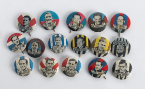 1950-51 Argus Prominent Footballers badges, including Charlie Sutton (2 types), Gordon Hocking (2 types), Les Foote (2 types), Alan Ruthven (2 types), Gordon Lane (2 types), Harry Equid (2 types), Jim Cleary (2 types), Kevin Curran (2 types), mixed condition. (16).