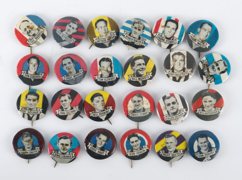 1950-51 Argus Prominent Footballers badges, including Dick Reynolds, Norm Smith, Bill Hutchinson, John Coleman, Don Cordner, Denis Cordner, Charlie Stewart, Ray Priestley, Ron Irwin, Ern Henfry, and more; mixed condition. (24).