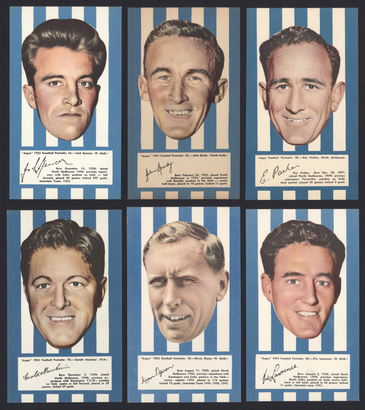 1953 Argus '1953 Football Portraits', large size (19.5 x 11.5cm), the complete set of North Melbourne players [6]. VF/EF.