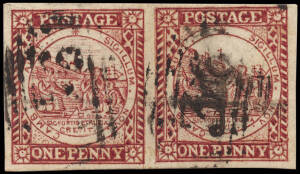 Sydney View 1d group with (SG.4,11,12,14) Plate 1, no clouds, 1d brownish-red, soft yellowish paper, 4 margins (top margin touching); Plate 2, with clouds, 1d dull carmine, 4 margins, 1d brownish-red, horiz. pair, R unit 'without clouds', 4 margins (light