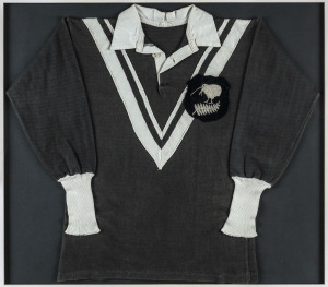 NEW ZEALAND 1951 Rugby League representative guernsey, framed and glazed 90 x 95cm overall. (Player's name in pen on manuafcturer's label; rather faded.).