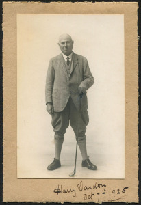 Henry William "Harry" VARDON (1870 – 1937) was a professional golfer from Jersey. He won The Open Championship a record six times and also won the 1900 U.S. Open. A photograph, signed "Harry Vardon" and dated "Oct.7th 1925" in the lower margin. Overall 19 x 13cm.