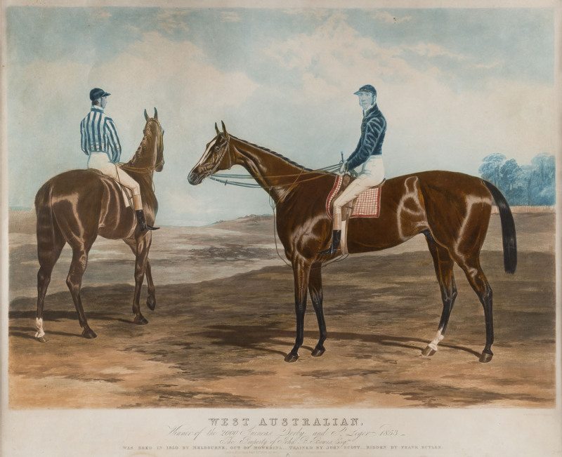 After Harry Hall [British, 1814-1882]West Australian. Winner Of The 2000 Guineas, Derby And St Leger, 1853.Aquatint and engraving printed à la poupée with added hand-colouring, artist, title, engraver and text with date in plate below image,48.2 x 66.6cm