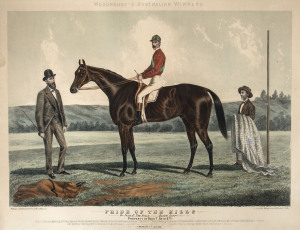 Frederick WOODHOUSE Jr (Australian 1848-1927) Pride Of The Hills, c1877 hand-coloured tinted lithograph, artist and title in upper and lower margins, 42 x 61cm (image). Laid down on canvas and in original period frame. Text includes "Woodhouse's Australian Winners. Painted, lith. & publ. by Fred Woodhouse. Printed by Fergusson & Mitchell, Melb. Pride of the Hills, by Talk of the Hills, Black Gipsy. Property of Ross T. Reid, Esq. Trained by Jas. Jenkins."