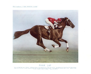 A collection of thirty-two Australian Newspaper and Magazine Supplements featuring Australian Racehorses, 1905-1946. Process and colour lithographs, with letterpress, all with title and text detailing each horse’s background and most with date above, in or below image, sizes range from 15 x 19cm to 25 x 32cm (image).