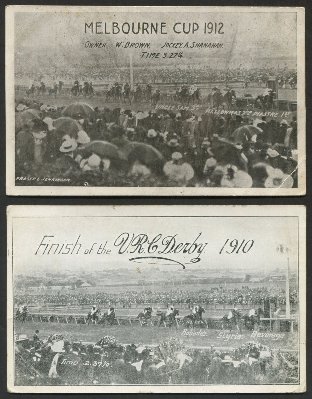 POSTCARDS: "Finish of the V.R.C. Derby 1910" RP card depicting "Beverage" crossing the finish line; "Melbourne Cup 1912" RP card by Fraser & Jenkinson; "Cup Day, Flemington, Vic." hand-coloured RP crowd scene; plus 3 other postcards. (6). Mixed condition.