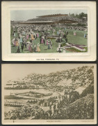 POSTCARDS: "Finish of the V.R.C. Derby 1910" RP card depicting "Beverage" crossing the finish line; "Melbourne Cup 1912" RP card by Fraser & Jenkinson; "Cup Day, Flemington, Vic." hand-coloured RP crowd scene; plus 3 other postcards. (6). Mixed condition. - 2