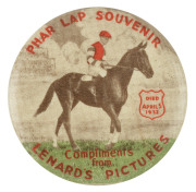 PHAR LAP: Souvenir pin badge depicting the famous horse "PHAR LAP SOUVENIR - Died April 5, 1932 - Compliments from LENARD'S PICTURES". Lenard's Pictureland was a cinema established in Broken Hill, New South Wales in 1915.