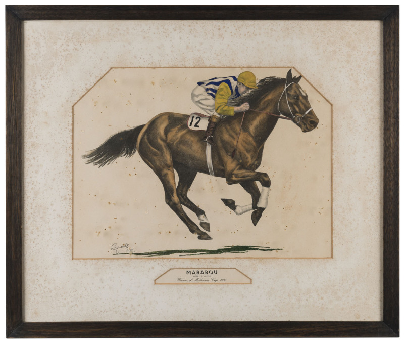 1935 Melbourne Cup: "Marabou, Rider: K. Voitre, Winner of Melbourne Cup, 1935" lithograph by Reynolds; also, "Talking, Rider: A Knox, Winner A.J.C. Derby and V.R.C. Derby 1936"; also by Reynolds. Both hand-coloured and in contemporary frames. Each overall