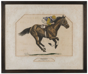 1935 Melbourne Cup: "Marabou, Rider: K. Voitre, Winner of Melbourne Cup, 1935" lithograph by Reynolds; also, "Talking, Rider: A Knox, Winner A.J.C. Derby and V.R.C. Derby 1936"; also by Reynolds. Both hand-coloured and in contemporary frames. Each overall 66 x 76cm.