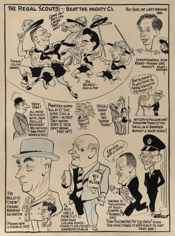 Samuel Garnet WELLS (Australian 1885-1972) [Victorian Racing Season-Mr Frank Collins his horse Regal Scout], 1950 pen and ink, nine panel cartoon strip covering many events of the week in the horse racing industry, 49.5 x 35.5cm, signed lower right