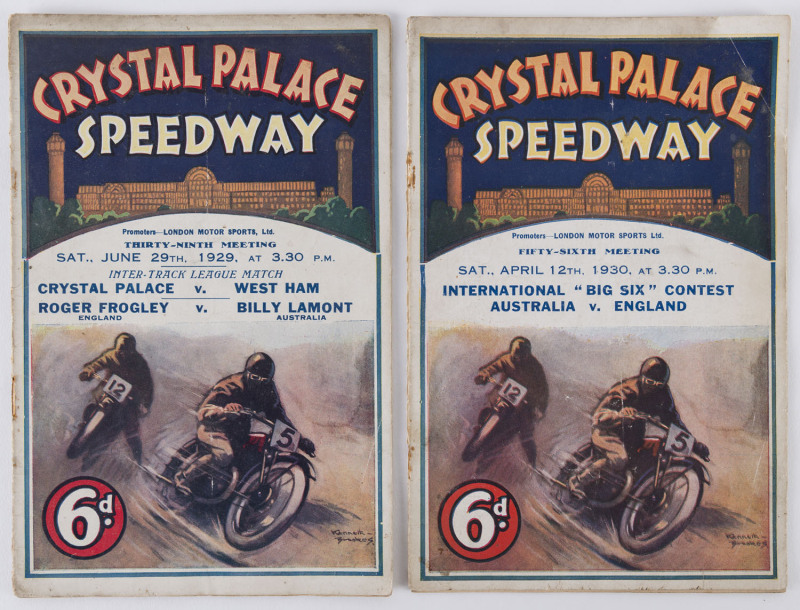 CRYSTAL PALACE SPEEDWAY: 29th June, 1929 programme featuring a match race series between BILLY LAMONT of Australia and Roger Frogley of England, (Frogley won the first, Lamont won the 2nd & 3rd races); also 12th April, 1930 programme featuring an Internat