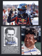 A group of Formula 1 and Grand Prix drivers signed photographs: Lewis Hamilton, Sebastian Vettel, Mario Andretti, Jack Brabham, Jackie Stewart, John Surtees, Roy Salvadori & Felipe Massa. Various sizes. (8)