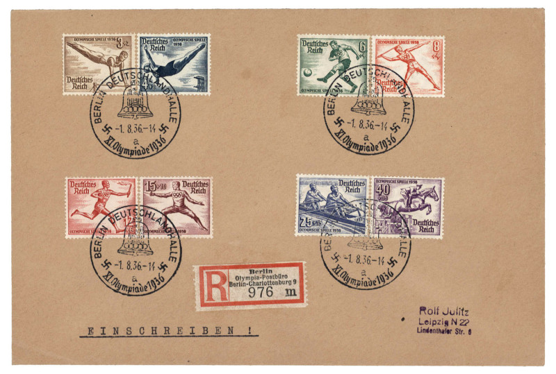 1 August 1936 registered envelope with the full set of 8 German Olympics stamps attractively tied by "BERLIN DEUTSCHLANDHALLE / XI Olympiade 1936" postmarks and with a special registration label "Berlin/Olympia-Postburo/Berlin-Charlottenburg 9" which was