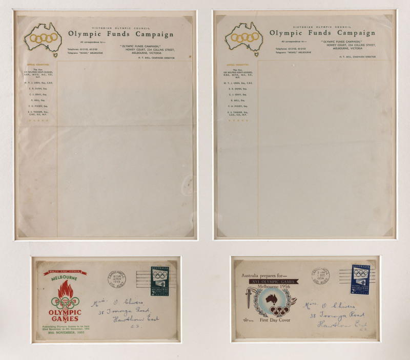 Australian 2/- Pre-Games publicity stamps on illustrated First Day Covers (Dec.1954 & June 1955) together with two unused sheets of Victorian Olympic Council Olympic Funds Campaign letterhead paper. (4 items). All nicely mounted for exhibition, overall 52