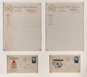 Australian 2/- Pre-Games publicity stamps on illustrated First Day Covers (Dec.1954 & June 1955) together with two unused sheets of Victorian Olympic Council Olympic Funds Campaign letterhead paper. (4 items). All nicely mounted for exhibition, overall 52.5 x 57cm.