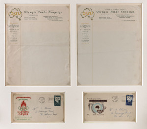 Australian 2/- Pre-Games publicity stamps on illustrated First Day Covers (Dec.1954 & June 1955) together with two unused sheets of Victorian Olympic Council Olympic Funds Campaign letterhead paper. (4 items). All nicely mounted for exhibition, overall 52