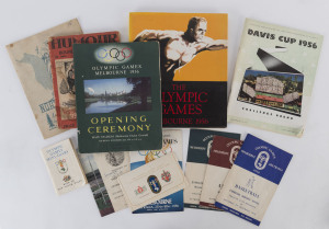 A range of Official Programmes including the Opening Ceremony, Association Football, Athletics, Basketball and Football, several tickets in a Myer folder, an Olympic Games "Mini-Diary" with many original signatures including Ron Crawford of Australia; also, the 1956 Davis Cup programme, etc.