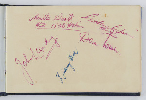 An autograph book containing mainly 1956 Olympian's signatures including John Landy, Neville Scott, Graham Gipson, Bill Butchart, Albie Thomas, Ronald Crawford, Leon Gregory, Mervyn Lincoln, John Goodman, Sven Coomer, Faith Leech, John Hayres, Dawn Fraser and many more. Also noted several foreign athletes and some later Australian cricketers including Lillee, Lawry, Maddocks, Loxton, Burge, Grout, Chappell and others.