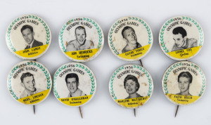 A group of eight badges featuring members of the Australian team including John Landy, Merv Lincoln & Faith Leech. (8). Mixed condition.