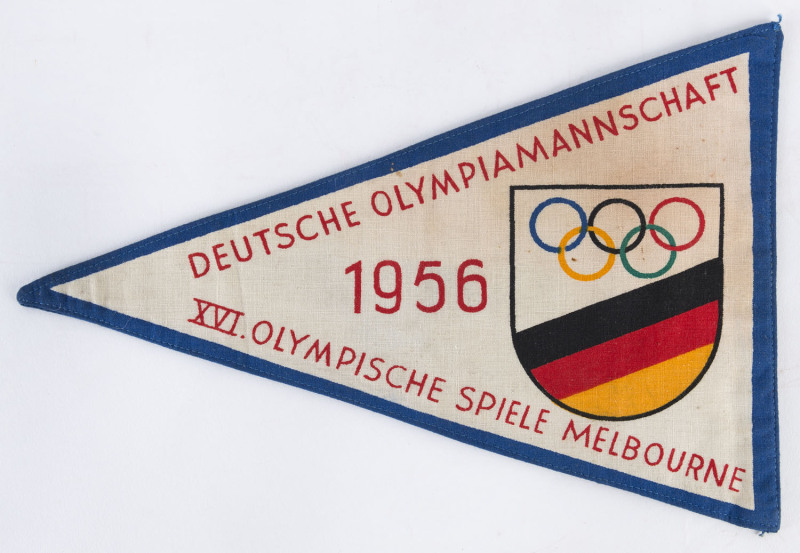 GERMAN Olympic Team flag, with Olympic rings and German colours, signed by 14 members of the German team. Superb condition.