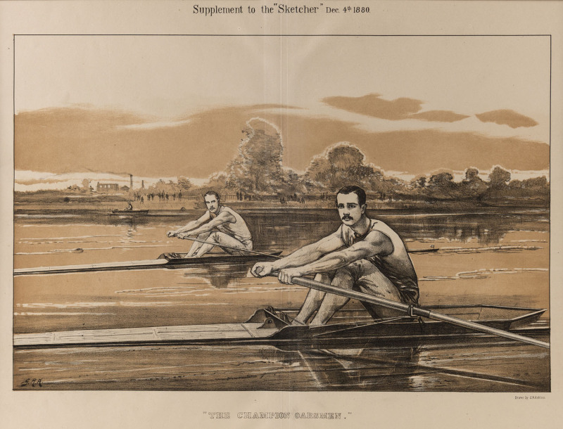 G.R. Ashton (British, 1857-c1910) The Champion Oarsmen Tinted lithograph, initialled in image lower left, text with date (1880) and title above and below image, 32 x 41cm. Text reads “Supplement to the Sketcher, Dec. 4th 1880. Drawn by G.R. Ashton.”