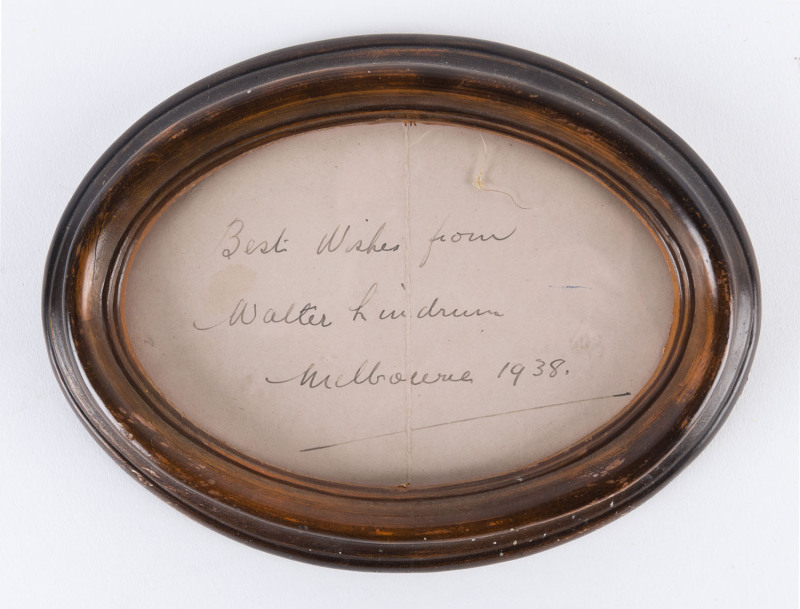 WALTER LINDRUM autograph on an album page "Best Wishes from Walter Lindrum, Melbourne 1938" in a small oval frame.