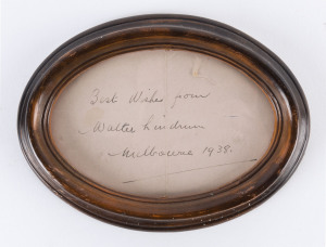 WALTER LINDRUM autograph on an album page "Best Wishes from Walter Lindrum, Melbourne 1938" in a small oval frame.